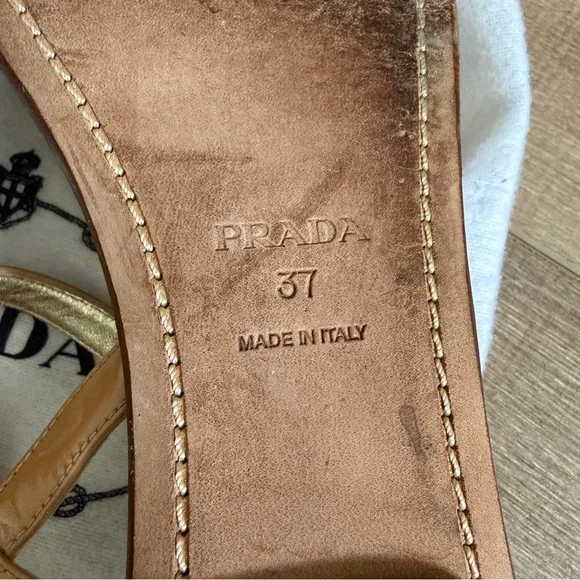 PRADA Leather Nude Sandal 37 Tortoise Shell Style Chain Links Strappy Flat Italy - Picture 4 of 14